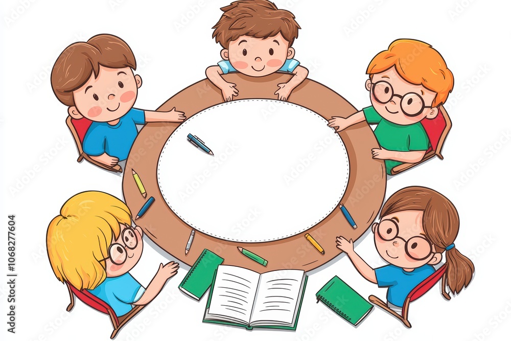 Children collaborating around a table with books and stationery, engaging in a study session. Children collaborating around a table with books and stationery, engaging in a study session.