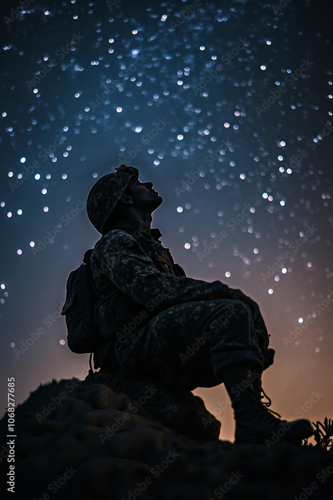 A soldier sitting on top of a rock looking up at the stars A soldier sitting on top of a rock looking up at the stars