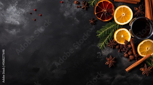 Fototapeta Naklejka Na Ścianę i Meble -  Christmas mockup or banner with a composition of mulled wine, slices of juicy orange and traditional spices on a dark textured background with copy space. Creative layout for your project
