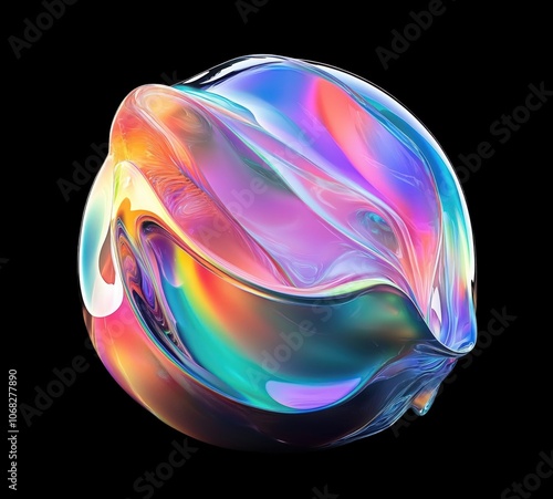 3d illustration of abstract geometric composition, holographic rainbow colors, digital iridescent shape on a black background