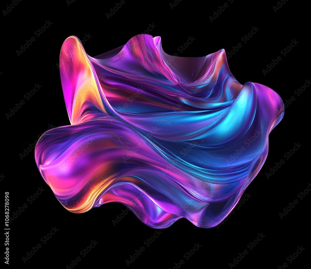 Obraz premium 3d illustration of abstract geometric composition, holographic rainbow colors, digital iridescent shape on a black background