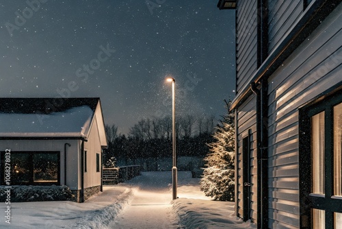 Snow-covered suburban street at night with lamplight illuminating the scene photo