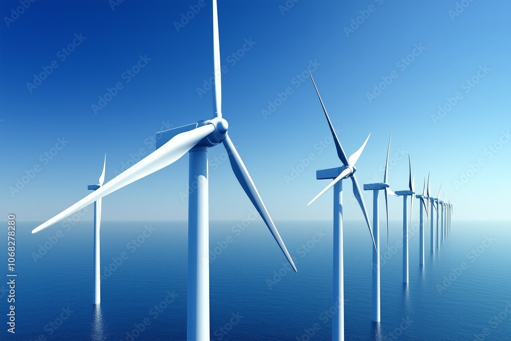 A wide-angle perspective of a wind energy farm featuring tall turbines used to produce electricity with ample space for text. Concept of sustainable power and eco-friendly solutions A wide-angle perspective of a wind energy farm featuring tall turbines used to produce electricity with ample space for text. Concept of sustainable power and eco-friendly solutions