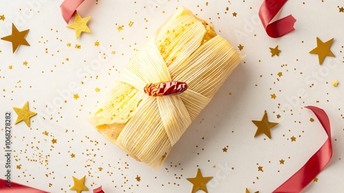 Wrapped tamale with chili decoration, on a pale white background with gold stars and festive red ribbons photo