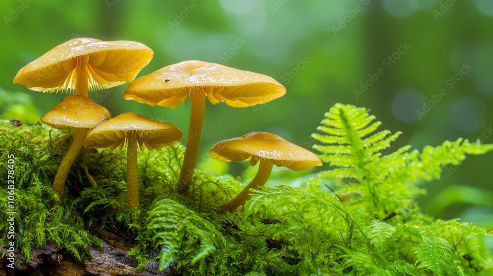 Fototapeta premium Enchanting Forest Scene: Moss-Covered Log with Vibrant Mushrooms and Delicate Ferns Embodying Decay and Renewal
