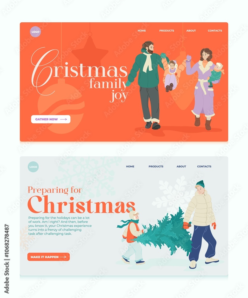 Landing page concept Family, Happy Holidays website homepage, festive wed design, minimalist flat Illustration Landing page concept Family, Happy Holidays website homepage, festive wed design, minimalist flat Illustration