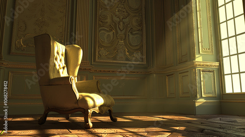 A single armchair sits in a sunlit room with ornate walls and a large window. photo