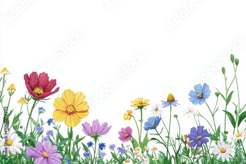 Colorful wildflowers blooming against a white background for a fresh and vibrant look.