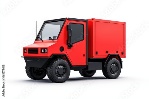 Distinctive red delivery truck, white isolated background.