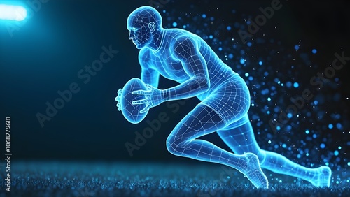 Digital wireframe of a rugby player holding a soccer ball in neon sparkling technology hologram lights