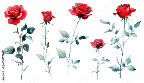 Fototapeta Naklejka Na Ścianę i Meble -  set of red rose flowers watercolor isolated on transparent background cutout