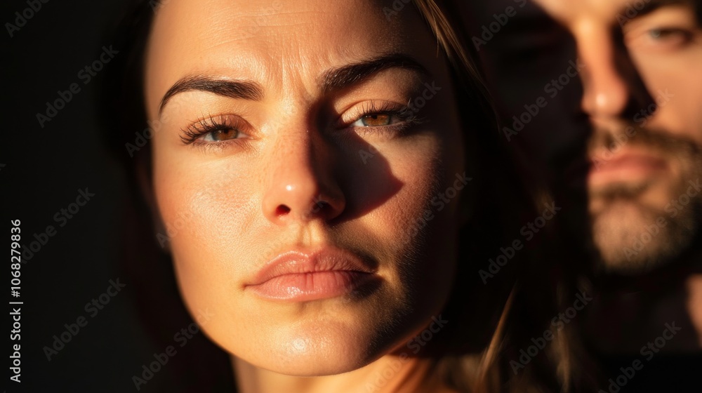 A captivating portrait of a woman in focused sunlight, emphasizing her intense gaze and creating a striking contrast between light and shadow in the background. A captivating portrait of a woman in focused sunlight, emphasizing her intense gaze and creating a striking contrast between light and shadow in the background.