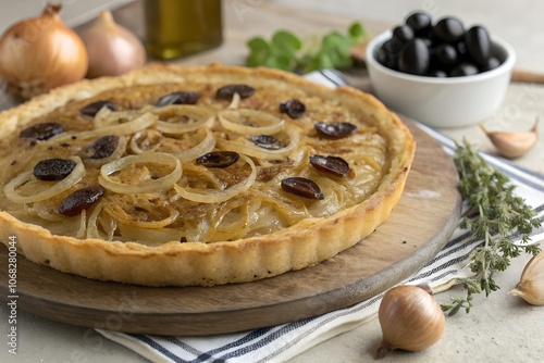 Savory French pissaladière tart topped with caramelized onions and black olives, an iconic dish from Provence. Perfect for gatherings and festive meals. photo