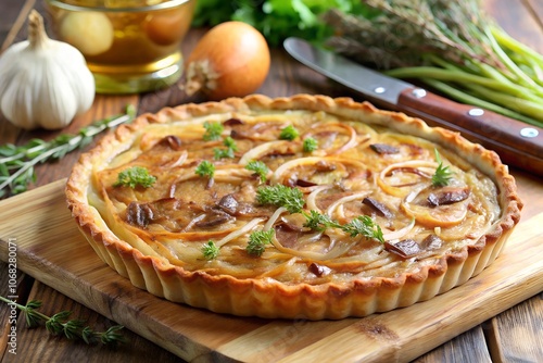 uthentic French pissaladière tart topped with caramelized onions, olives, and fresh herbs, perfect for festive gatherings and French cuisine lovers. photo