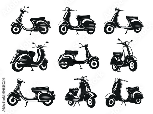 Scooter moped motorbike motorcycle transportation black silhouette set isometric vector