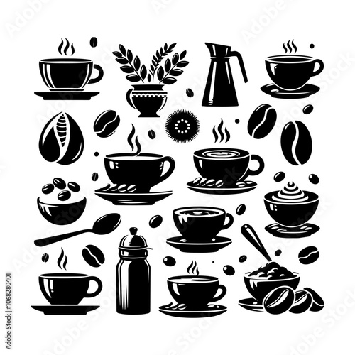 Coffee cup icon set. Coffee cup and bean icon silhouette vector. Silhouette of coffee logo vector, coffee cup logo, coffee shop logo, coffee icon bean logo illustration