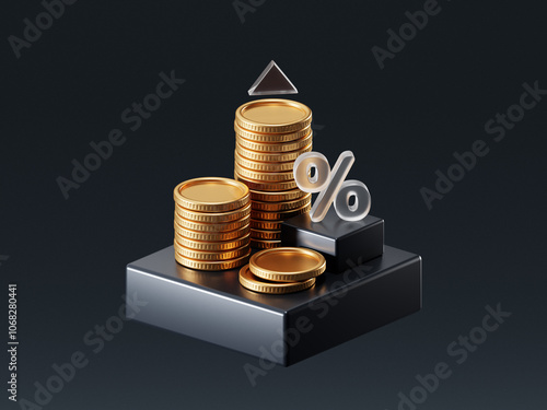 Interest rate increase money economy business investment on 3d background with growth income percentage finance profit concept. Revenue tax price cash coin percent budget inflation sale chart arrow.