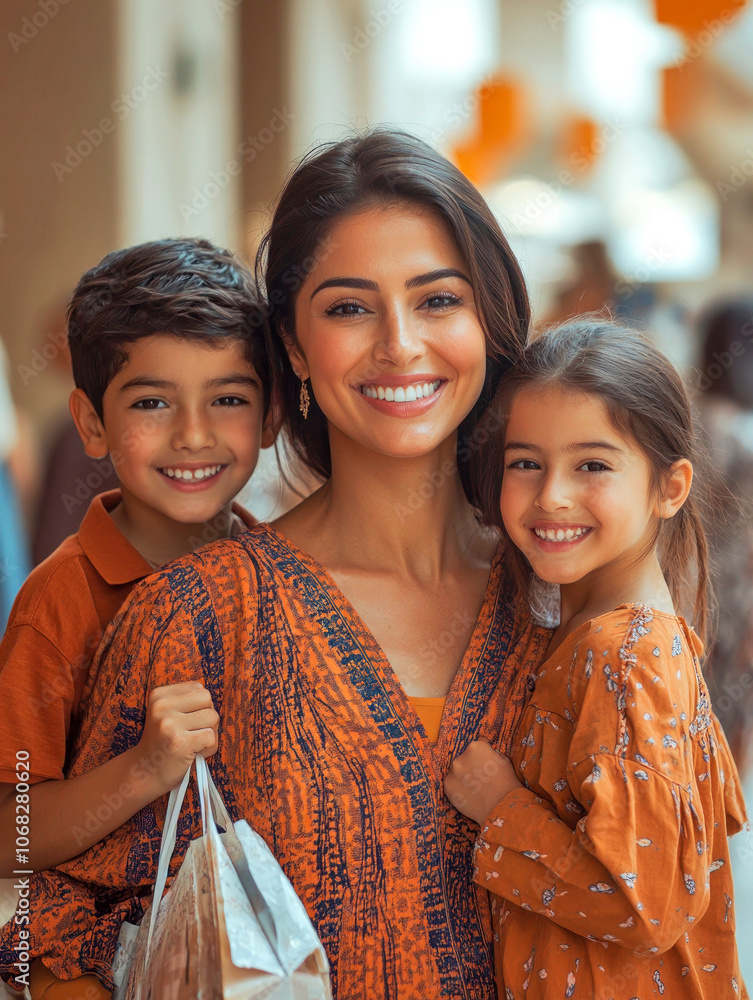 Mother with her two children in a bustling shopping environment. Closeness, love, and joy in spending quality time together. Mother with her two children in a bustling shopping environment. Closeness, love, and joy in spending quality time together.