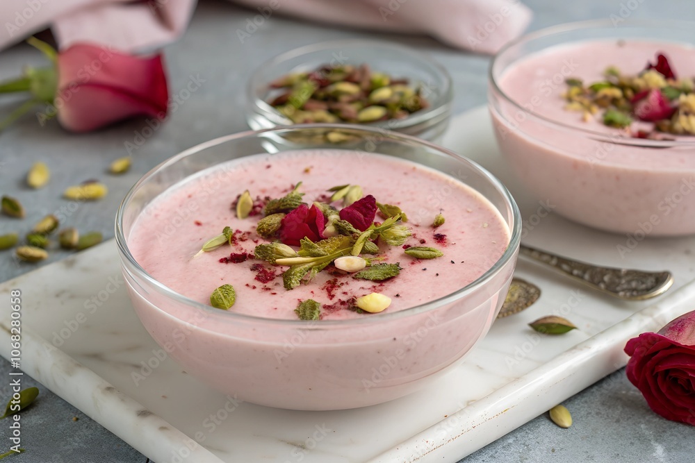 Persian rosewater pudding (Firni) served in a glass bowl, garnished with pistachios and rose petals. Light pink creamy dessert with floral and nutty accents. Persian rosewater pudding (Firni) served in a glass bowl, garnished with pistachios and rose petals. Light pink creamy dessert with floral and nutty accents.