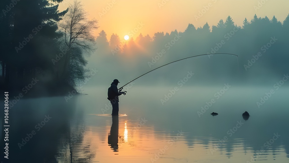 Silhouette of a person fishing near a lake forest with green tress and meadow and fog Silhouette of a person fishing near a lake forest with green tress and meadow and fog