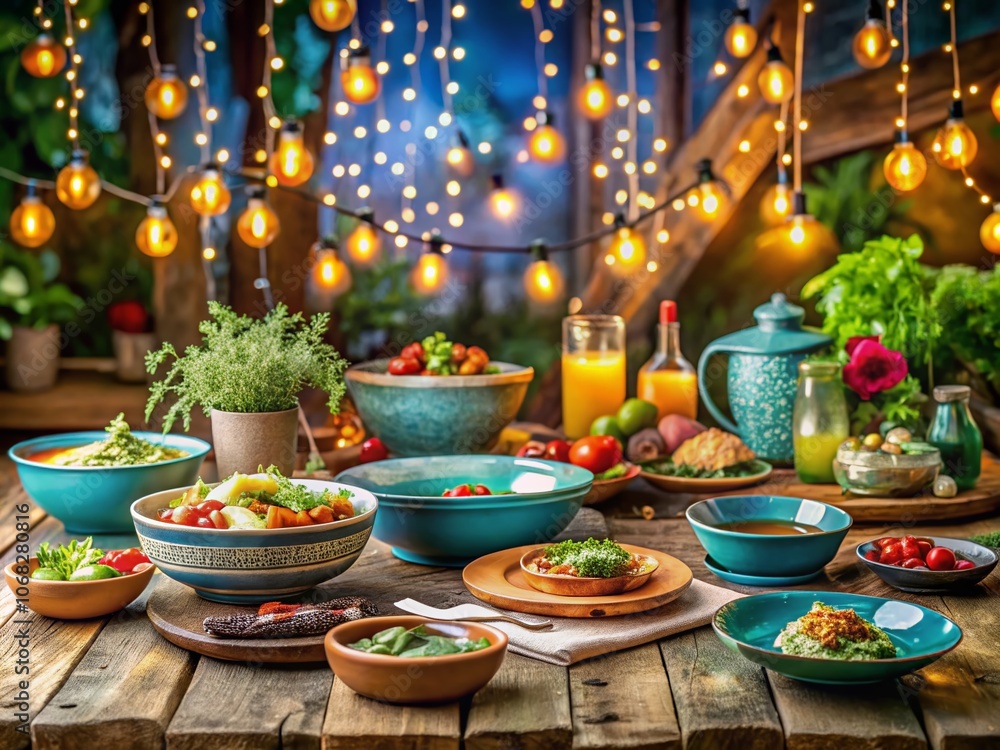 Fototapeta premium Captivating Food Photography Featuring Sulengang Lichterkette in Blue, Showcasing Vibrant Dishes Illuminated by Enchanting String Lights for a Cozy Dining Experience