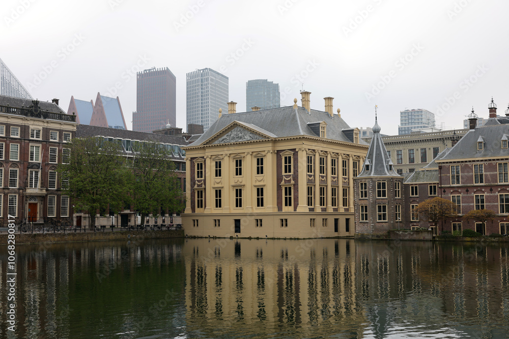 The Mauritshuis museum building and Binnenhof - Dutch Parliament with Hofvijver pond, The Hague, The Netherlands; The Mauritshuis museum building and Binnenhof - Dutch Parliament with Hofvijver pond, The Hague, The Netherlands;