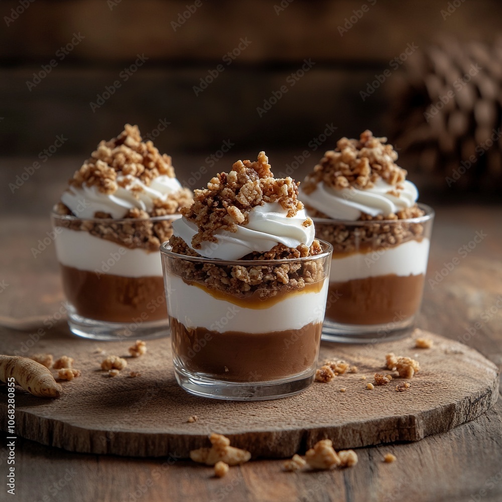 These dessert cups are visually stunning! They feature layers of a smooth caramel or butterscotch mousse topped with whipped cream and crunchy crumbled granola, generative ai These dessert cups are visually stunning! They feature layers of a smooth caramel or butterscotch mousse topped with whipped cream and crunchy crumbled granola, generative ai