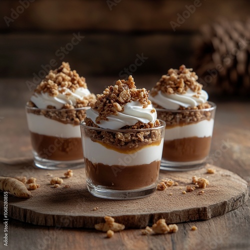 These dessert cups are visually stunning! They feature layers of a smooth caramel or butterscotch mousse topped with whipped cream and crunchy crumbled granola, generative ai