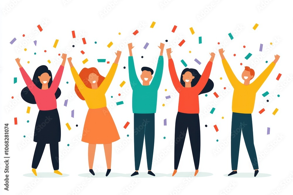 Happy group of friends celebrating with raised arms and confetti on a white background. Happy group of friends celebrating with raised arms and confetti on a white background.