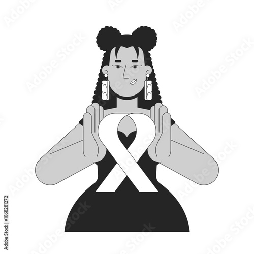 Latin american woman holding pink ribbon awareness black and white 2D line character. Breast cancer survivor female hispanic curvy adult isolated vector outline person. Monochromatic spot illustration