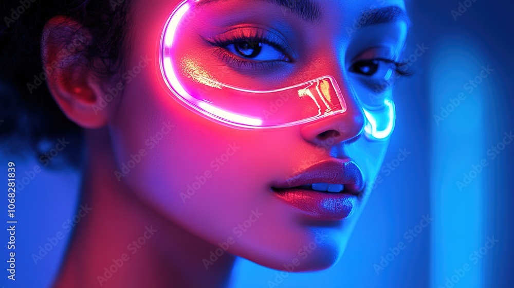 Fototapeta premium Close-up of a woman with perfect skin using an illuminated LED face mask