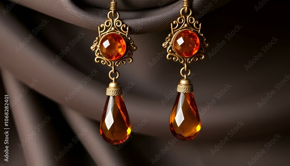 Elegant amber earrings with intricate gold design on luxurious fabric background Elegant amber earrings with intricate gold design on luxurious fabric background