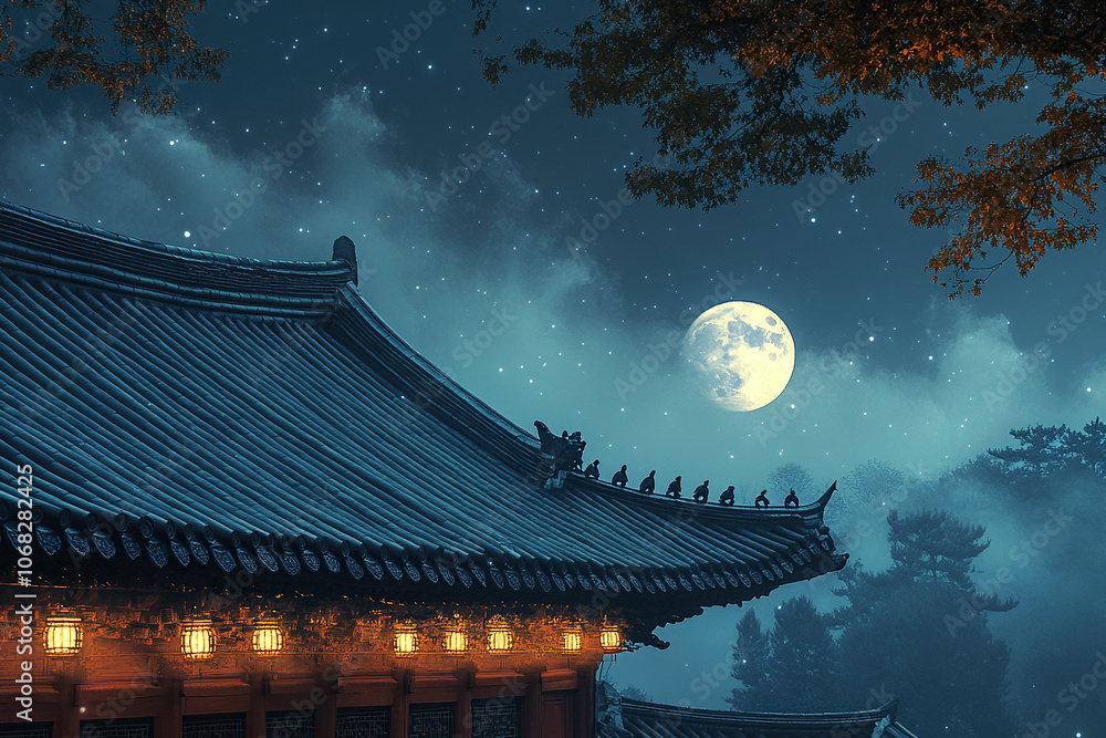 Roof of a traditional oriental building in the moonlight. Roof of a building in Korea, China or Japan. Roof of a traditional oriental building in the moonlight. Roof of a building in Korea, China or Japan.