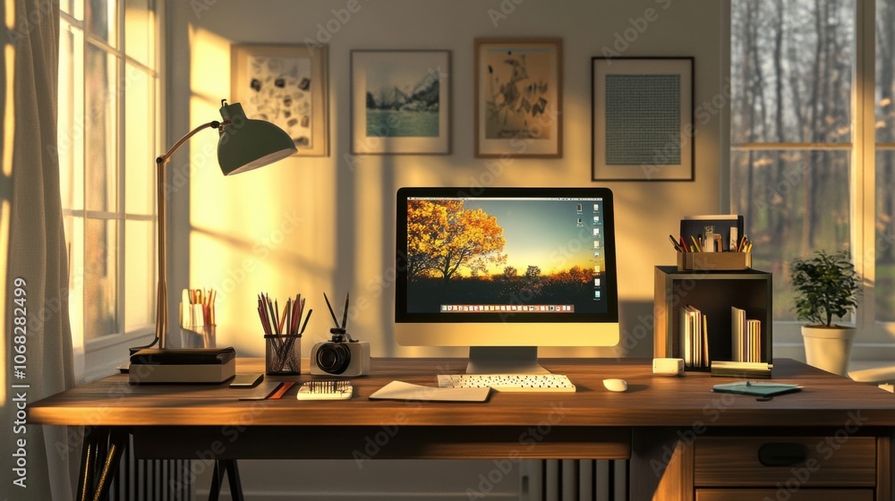 Cozy desk setup with computer and stationery at home Cozy desk setup with computer and stationery at home