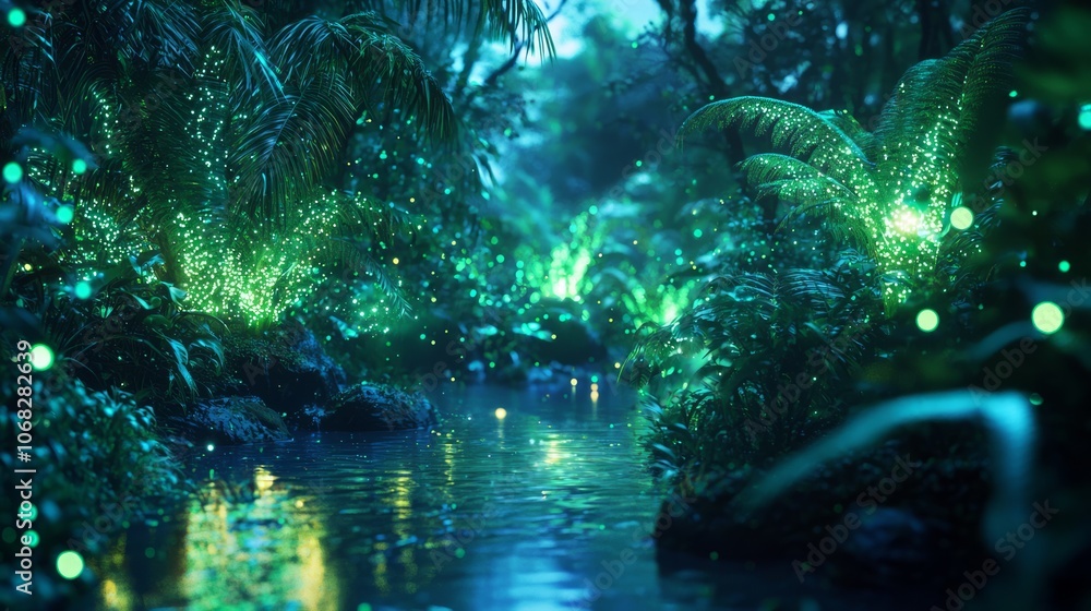 Obraz premium Enchanted Twilight Forest with Bioluminescent Plants and Reflective Stream - Ultra-Detailed Nature Scene