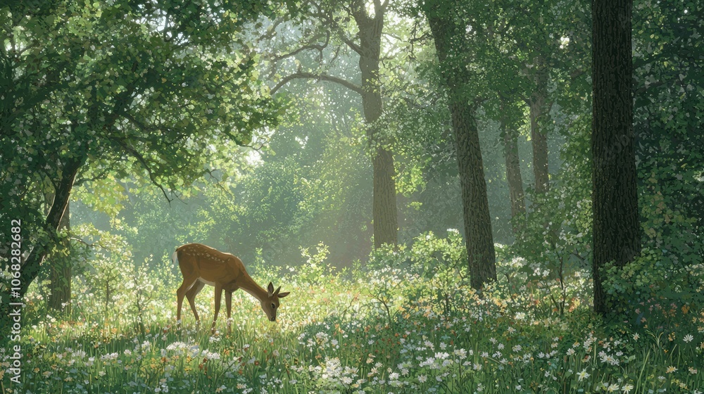 Fototapeta premium Serene Forest Encounter: Graceful Deer Grazing Among Wildflowers in Sunlit Woodland