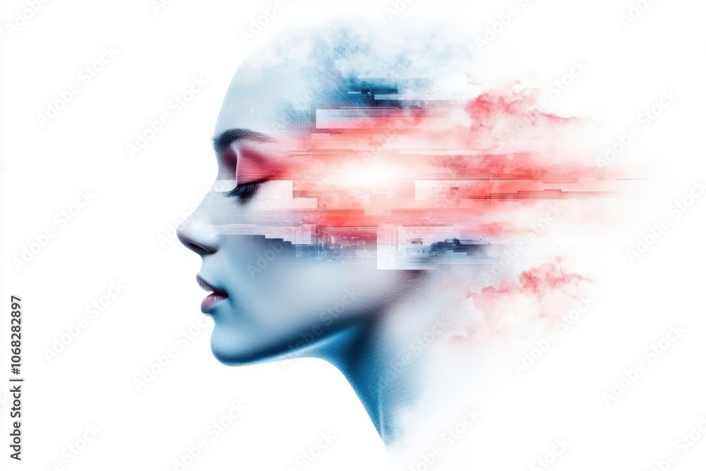 Profile silhouette of a woman with abstract colorful elements representing thoughts and emotions. Profile silhouette of a woman with abstract colorful elements representing thoughts and emotions.