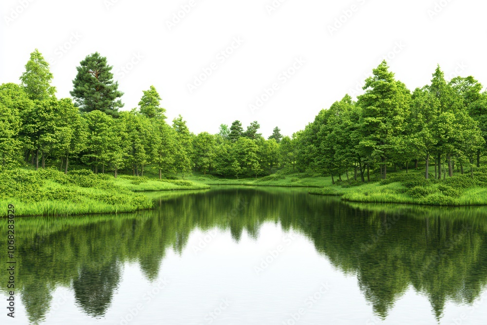 Serene lake reflecting lush green trees under clear sky. Serene lake reflecting lush green trees under clear sky.