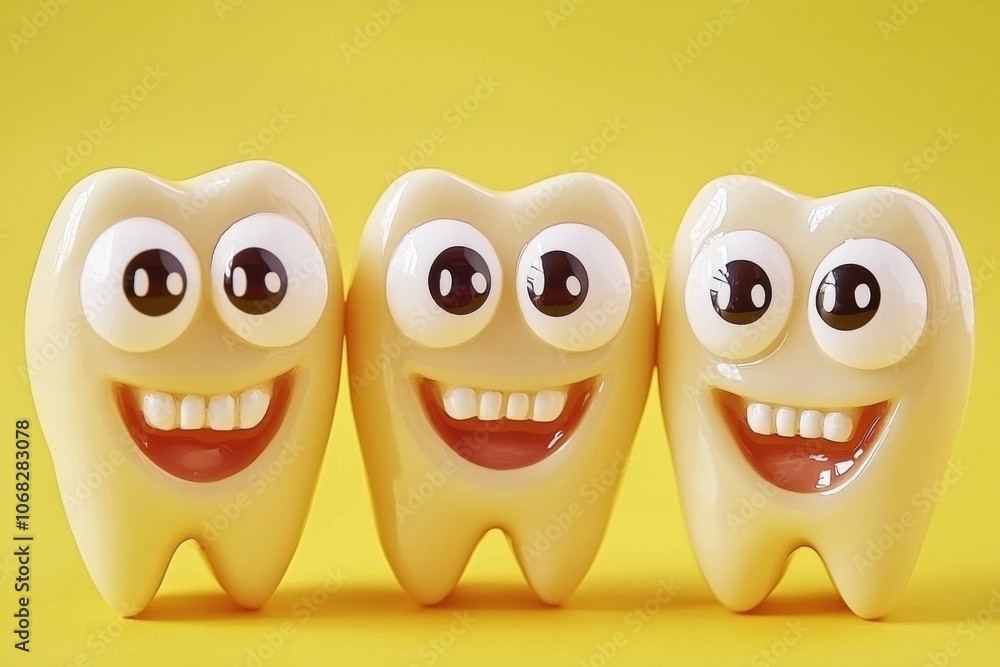 A playful illustration of three cartoon teeth with smiling faces against a bright yellow background, promoting dental health. A playful illustration of three cartoon teeth with smiling faces against a bright yellow background, promoting dental health.