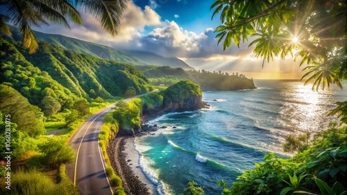 Scenic View of Old Mamalahoa Highway with Lush Coastal Landscape and Bokeh Effect in Big Island, Hawaii, Showcasing Vibrant Nature and Serene Ocean Vistas photo