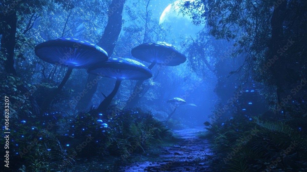 Fototapeta premium Enchanting Moonlit Forest with Glowing Mushrooms Along Pathway | Ultra-Detailed Mystical Nature Scene