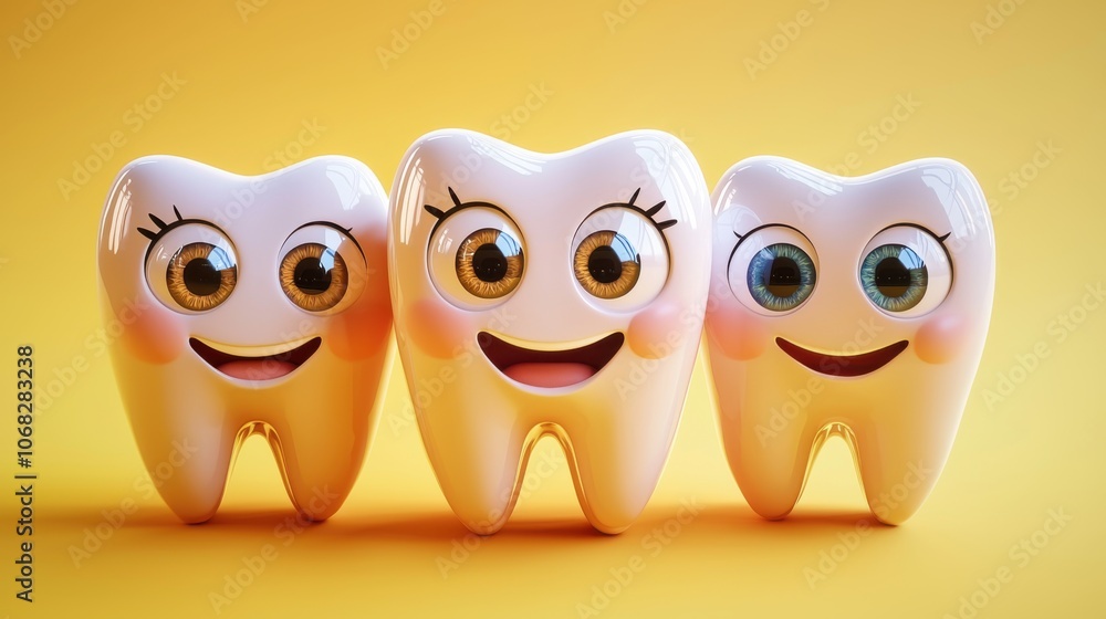 Fototapeta premium Three cheerful cartoon teeth with big eyes and smiles, set against a bright yellow background, promoting dental health and hygiene.