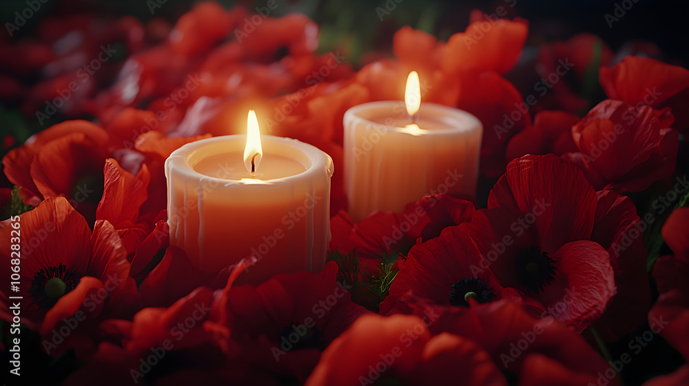 Red poppy flowers and burning candle banner with copy space for veterans day memorial or remembrance day. Symbol of Memorial Day Armistice day and Anzac Day background Red poppy flowers and burning candle banner with copy space for veterans day memorial or remembrance day. Symbol of Memorial Day Armistice day and Anzac Day background