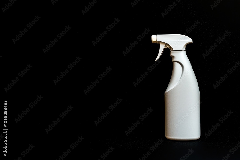 A white spray bottle stands against a black background, suggesting use for cleaning or gardening purposes. A white spray bottle stands against a black background, suggesting use for cleaning or gardening purposes.