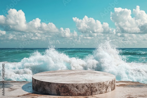 Rock podium positioned on the sea shore with crashing waves and a beach-themed background