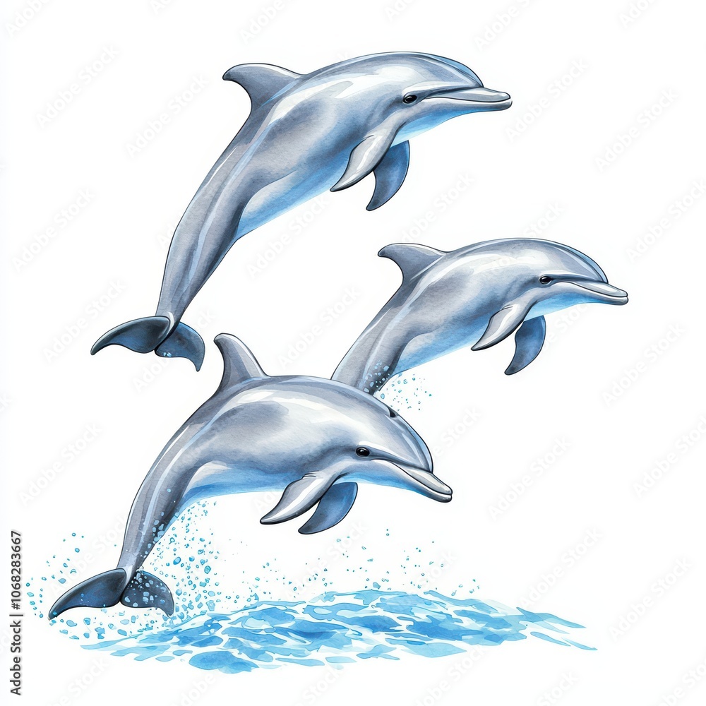 Obraz premium Three dolphins playfully jumping out of the water with splashes, illustrated in a vibrant and dynamic style.