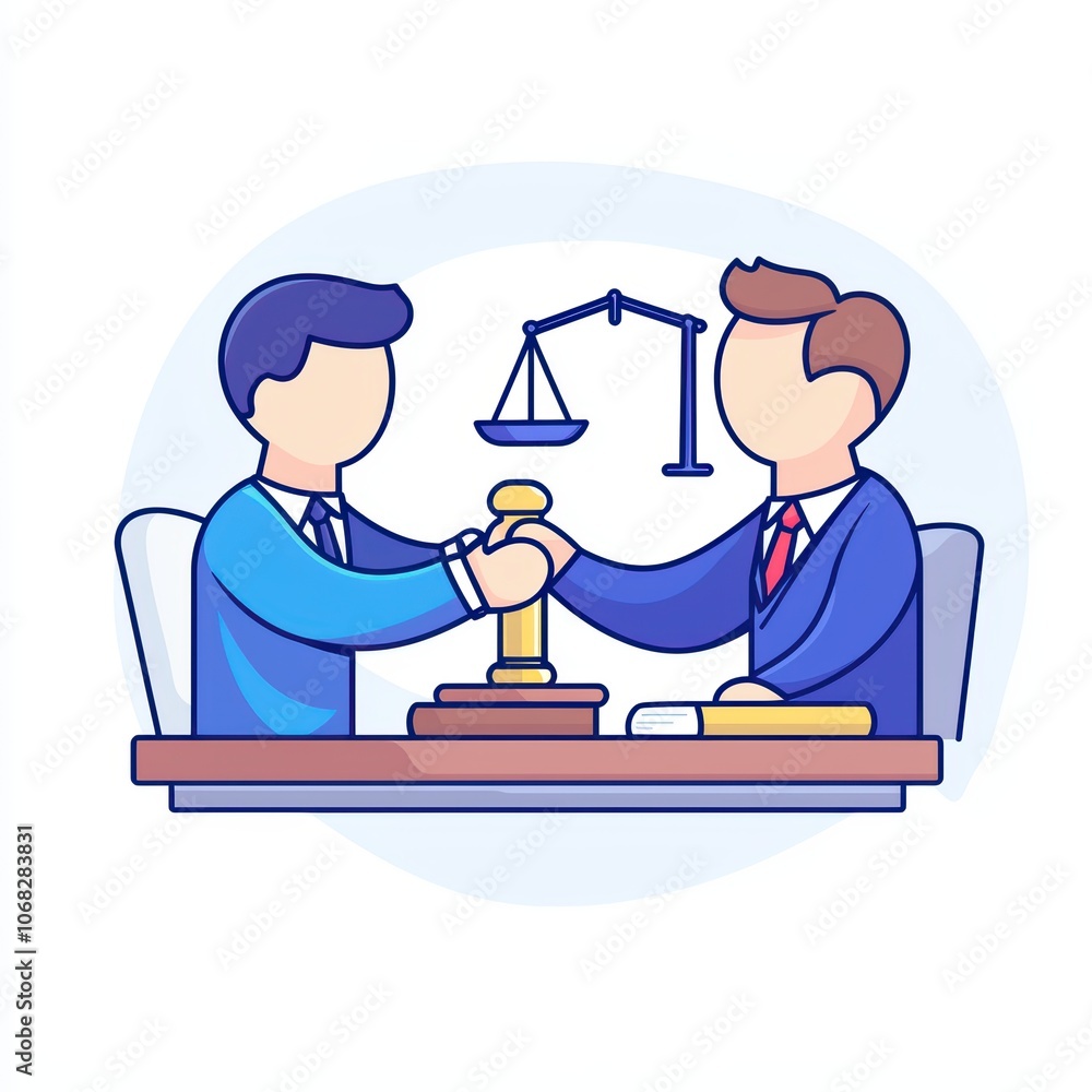 Two businessmen shaking hands, symbolizing agreement and partnership, with a scale in the background. Two businessmen shaking hands, symbolizing agreement and partnership, with a scale in the background.