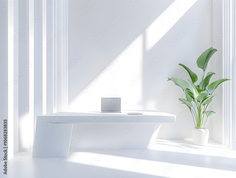 Fototapeta premium Bright Airy Minimalist Workplace with Geometric Desk and Laptop Beautifully Lit by Daylight