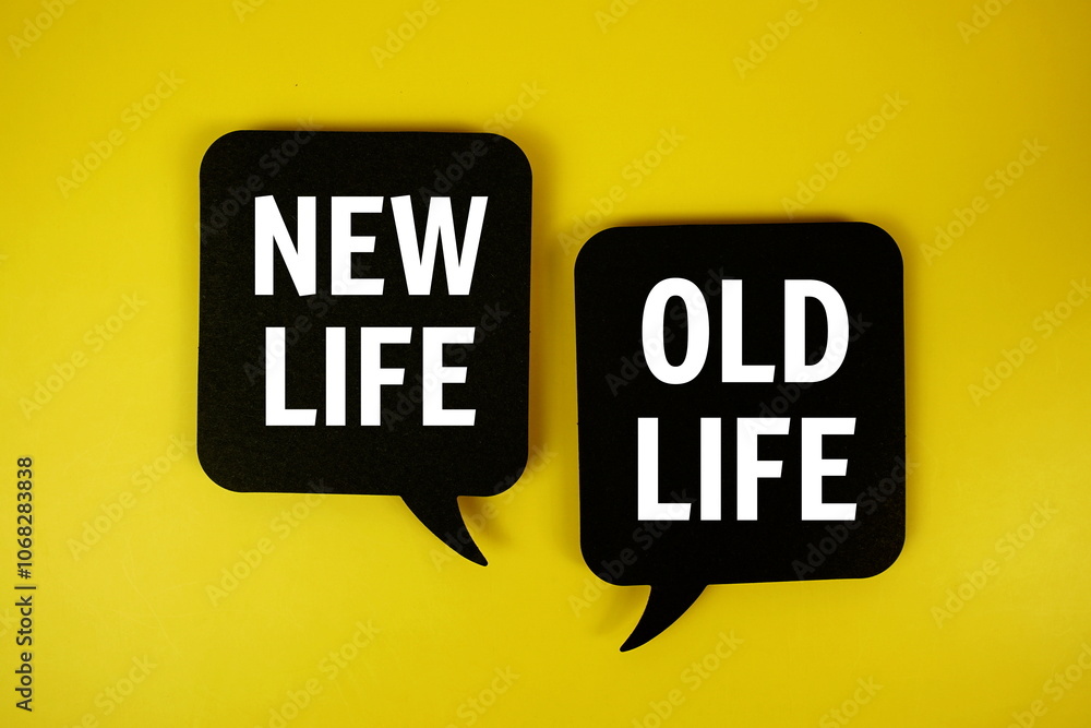 New Life vs Old Life text on speech bubble top view on yellow background New Life vs Old Life text on speech bubble top view on yellow background
