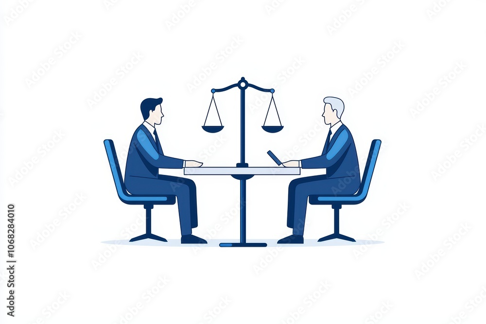 Two lawyers discussing cases with a scale of justice symbolizing balance, white isolated background. Two lawyers discussing cases with a scale of justice symbolizing balance, white isolated background.